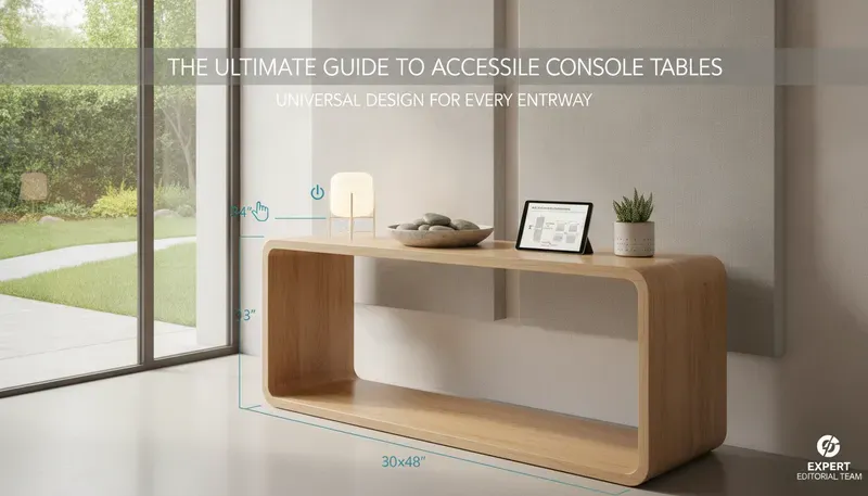Accessible console table with rounded edges and open knee clearance in an entryway