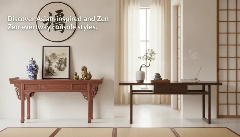 Asian-inspired console table with clean lines and natural wood finish in a minimalist entryway