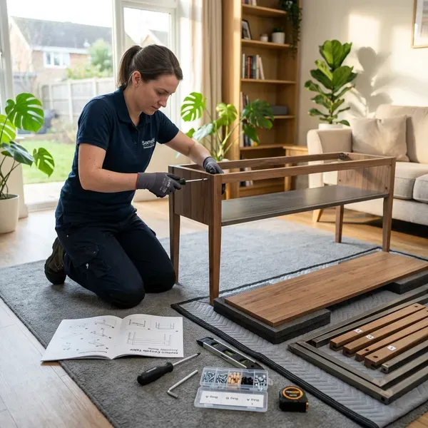 Console table assembly guide with tools and step-by-step instructions