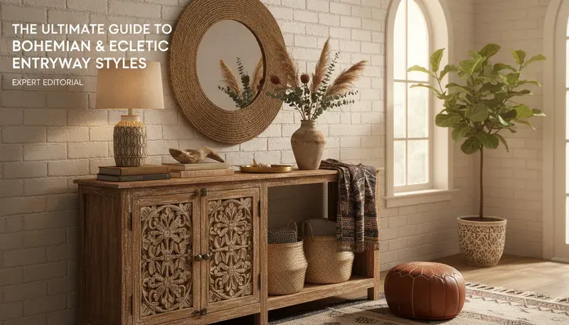 Bohemian console table with rattan details and eclectic decor in a warm entryway