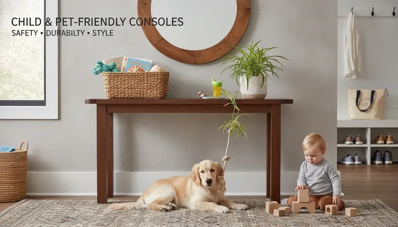 Family-friendly entryway with a sturdy console table, rounded corners, and child-safe features