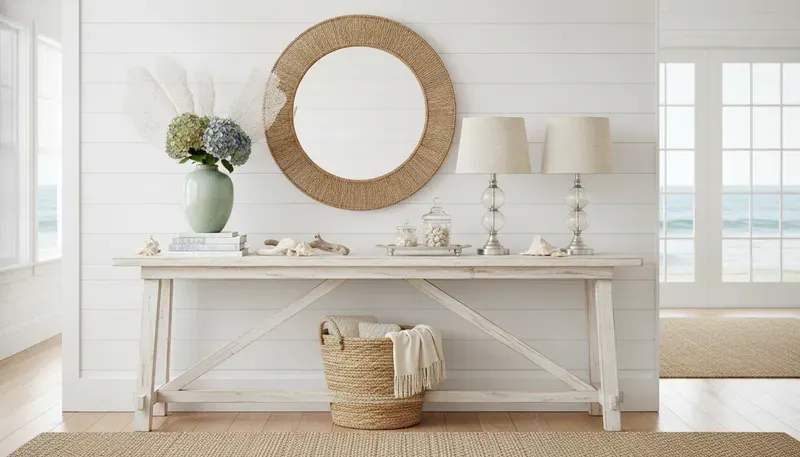 Coastal console table with white finish and natural wood accents in a bright seaside entryway