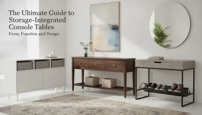 Console tables with storage integration options including drawers and shelves