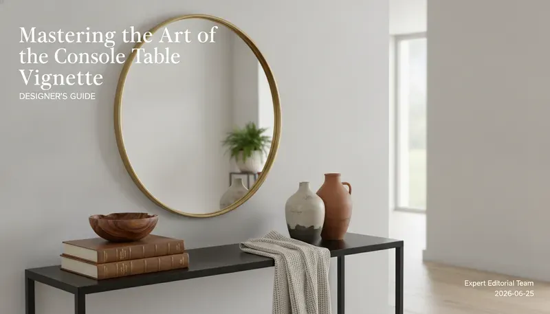 Console table with styled vignette of lamp, books, and decorative objects