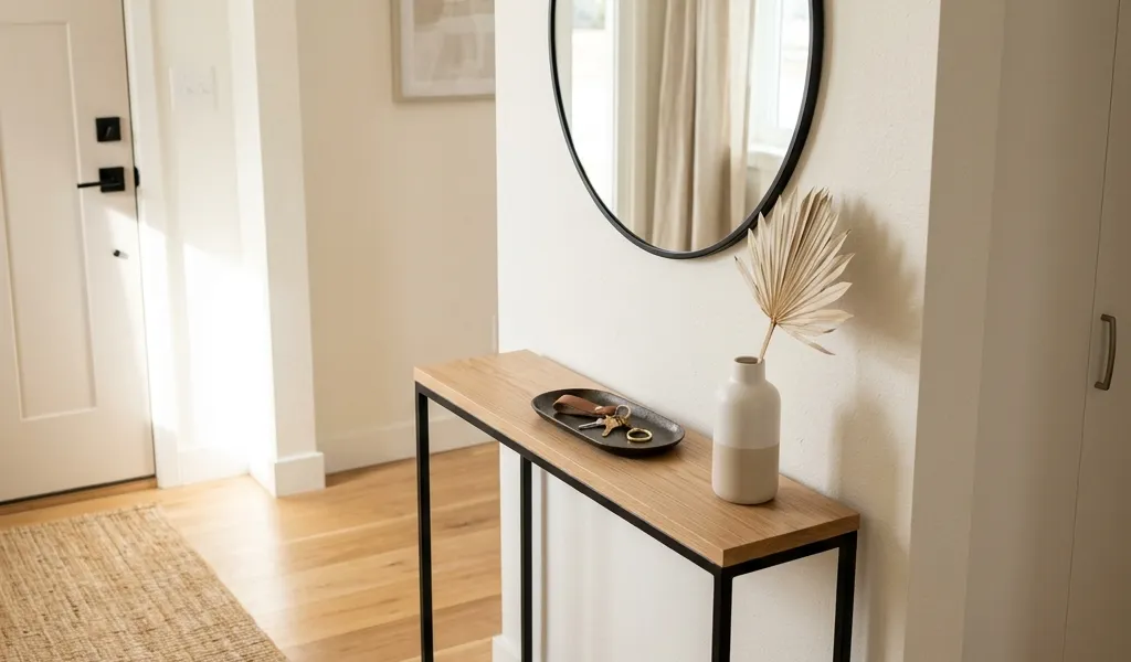 Ultra-slim light wood and black metal console table styled in a tight hallway