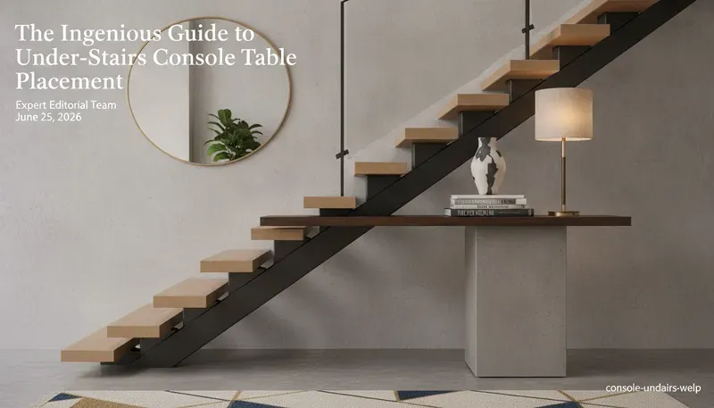 A sophisticated console table expertly placed in an under-stairs alcove with ambient lighting and curated decor.