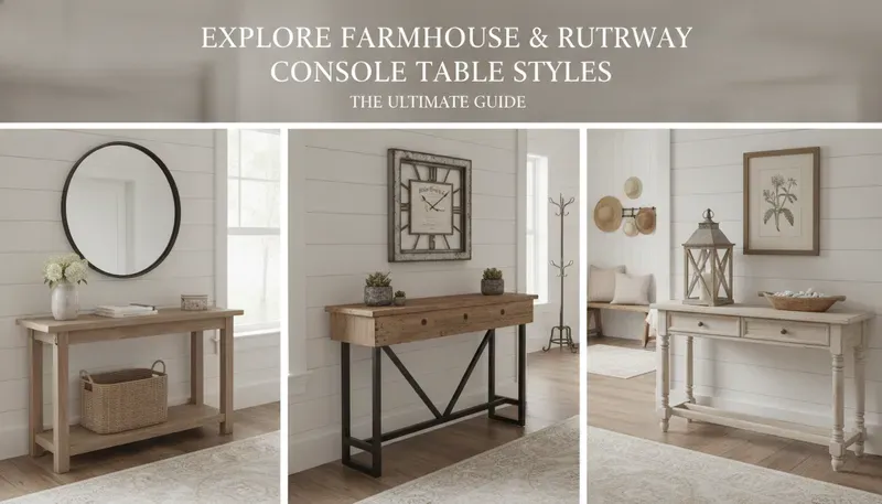 Farmhouse and rustic entryway console tables in various wood finishes and styles