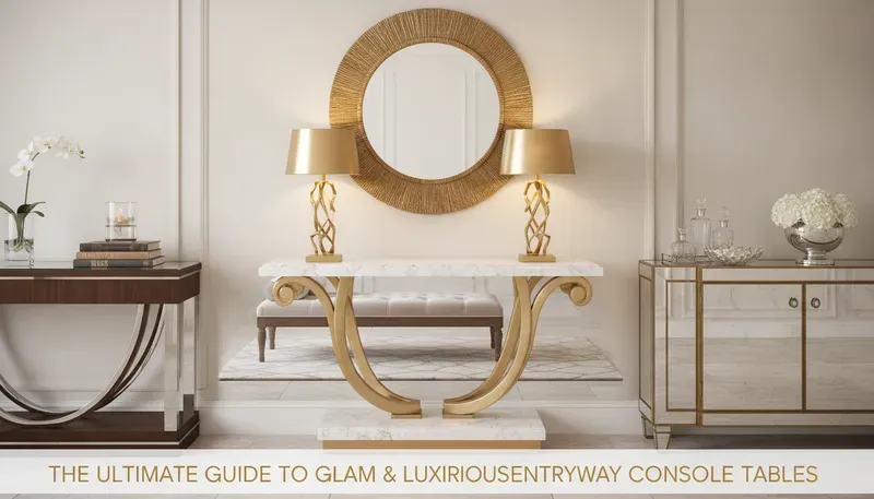 Luxury glam entryway console tables with marble tops, mirrored glass, and metallic finishes