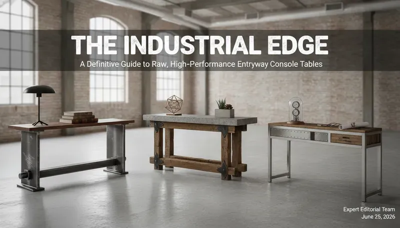 Industrial-style entryway console tables with steel frames and reclaimed wood tops