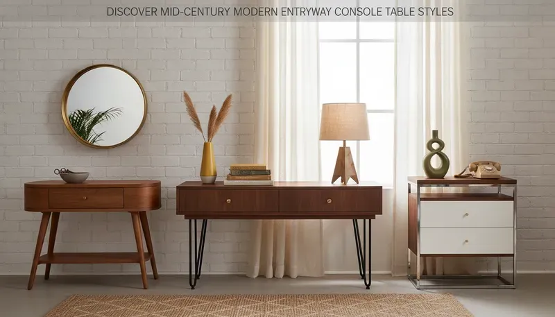 Mid-century modern entryway console tables with tapered legs and warm wood finishes