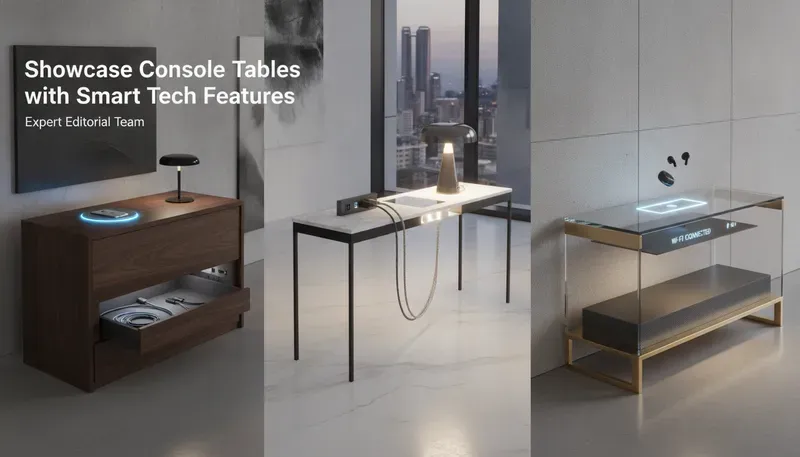 Smart console table with built-in wireless charging, USB ports, and cable management features