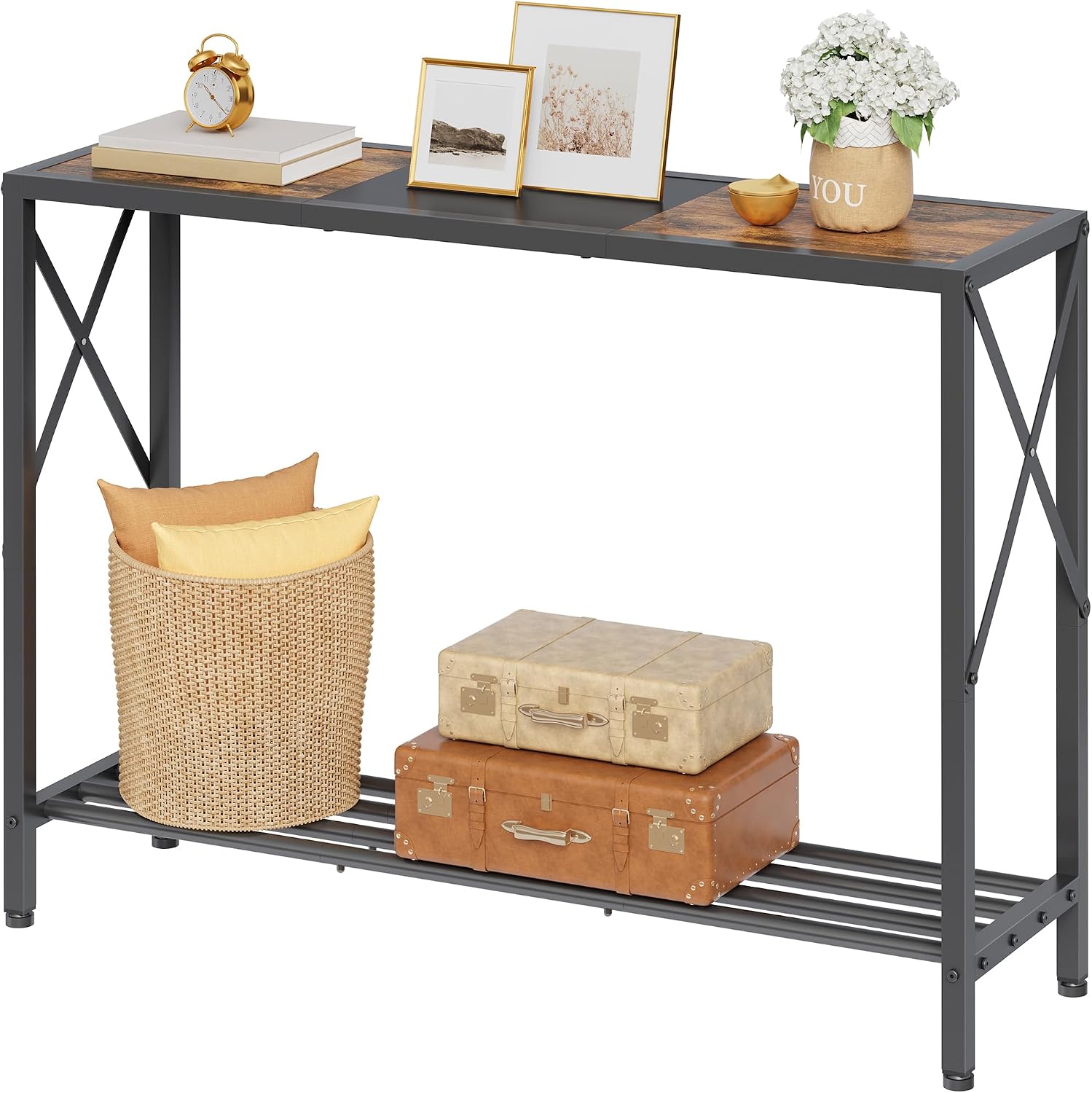 Tajsoon Console Table 41.8", 2 Tier Industrial Entryway Table with Shelves | Narrow Entrance Sofa Table, Console Tables for Entryway, Hallway, Foyer, Living Room, Corridor, Rustic Brown and Black