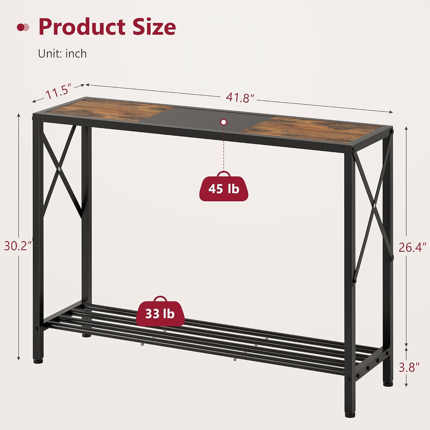 Tajsoon Console Table 41.8", 2 Tier Industrial Entryway Table with Shelves | Narrow Entrance Sofa Table, Console Tables for Entryway, Hallway, Foyer, Living Room, Corridor, Rustic Brown and Black — photo 3