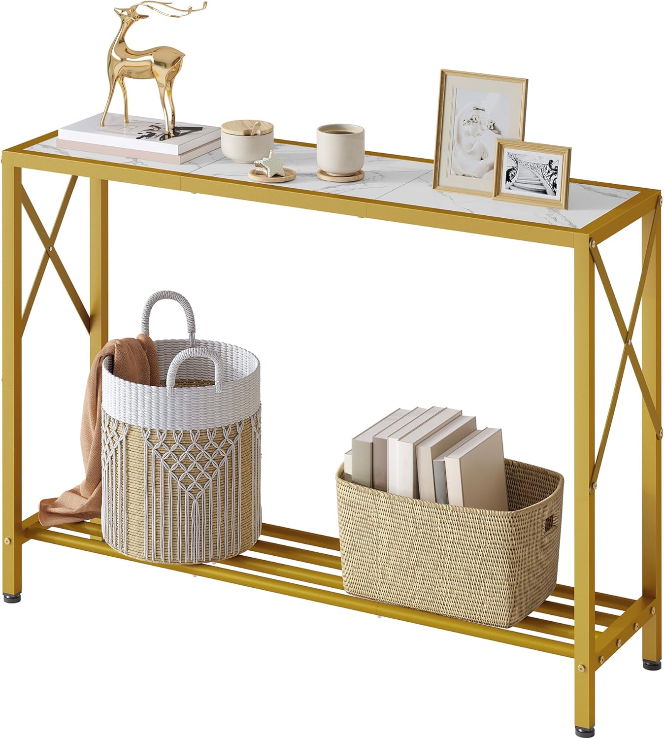 Tajsoon Entryway Table 41.8", 2 Tier Gold Console Table with Shelves | Narrow Entry Table, Thin Sofa Table for Hallway, Gold and White