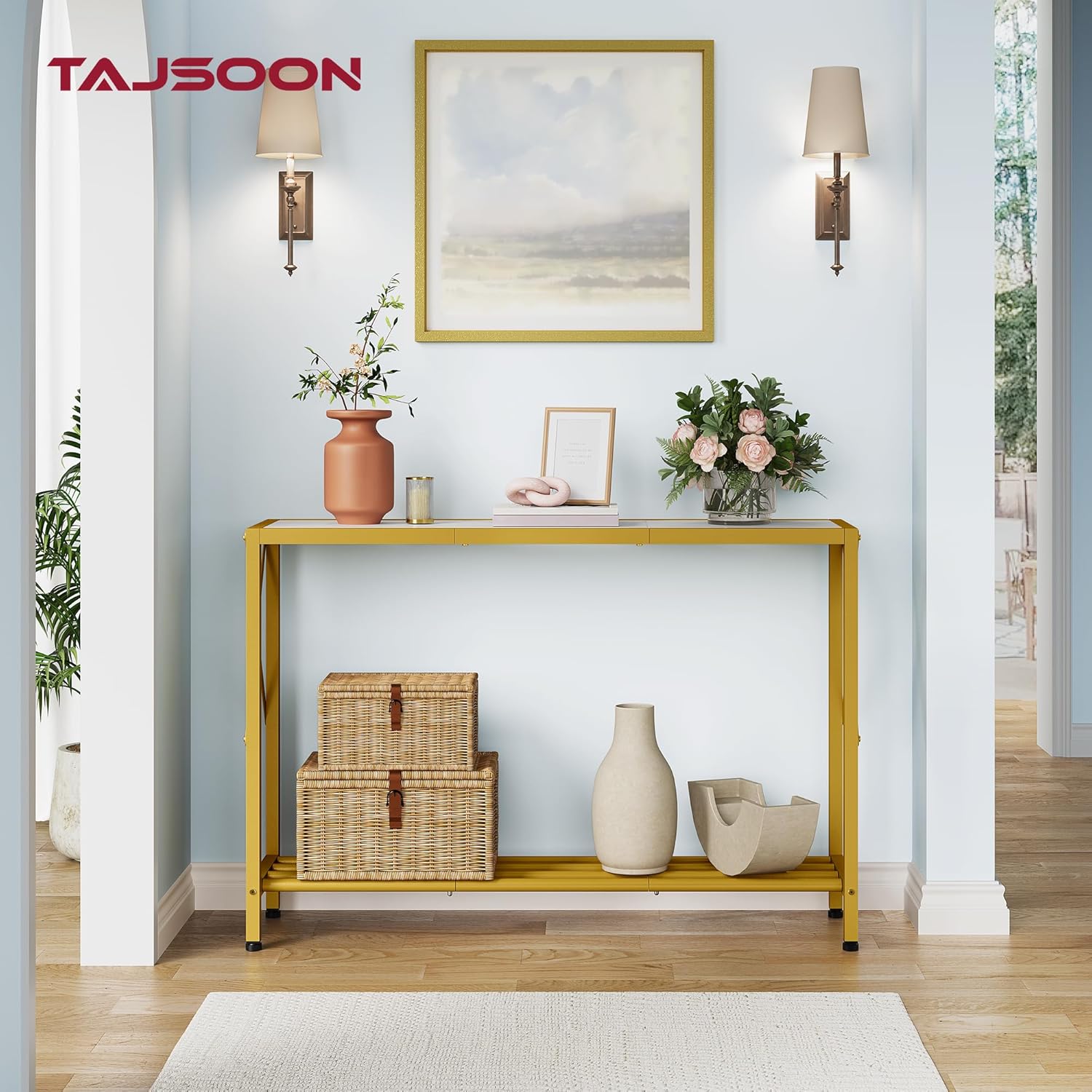 Tajsoon Entryway Table 41.8", 2 Tier Gold Console Table with Shelves | Narrow Entry Table, Thin Sofa Table for Hallway, Gold and White — photo 2