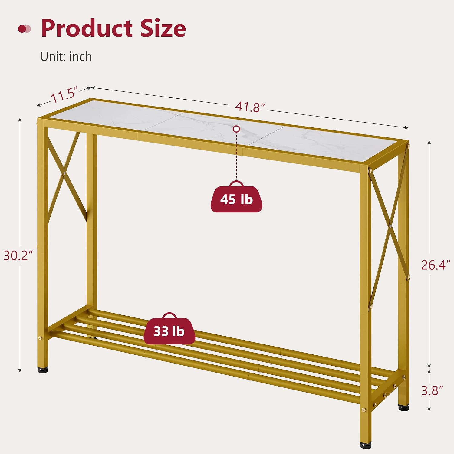 Tajsoon Entryway Table 41.8", 2 Tier Gold Console Table with Shelves | Narrow Entry Table, Thin Sofa Table for Hallway, Gold and White — photo 3