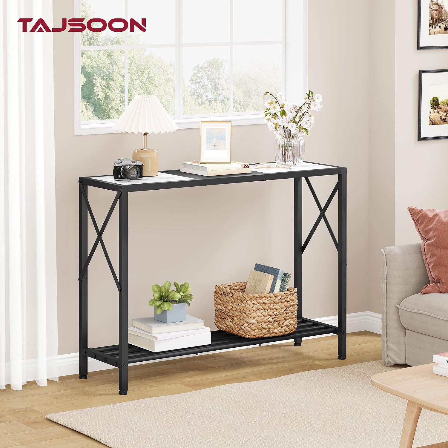 Tajsoon Console Table 41.8", 2 Tier Entryway Table with Storage Shelves | Narrow Sofa Table, Behind Couch Table for Entryway, Hallway, Black and White — photo 2