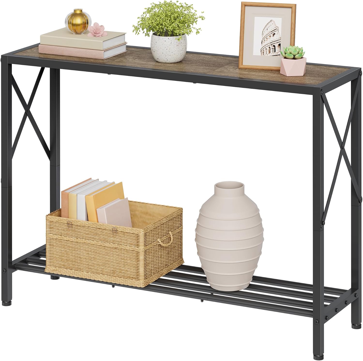Tajsoon Console Table 41.8", 2 Tier Industrial Entryway Table with Shelves | Narrow Entrance Table for Entryway, Hallway, Grey and Black