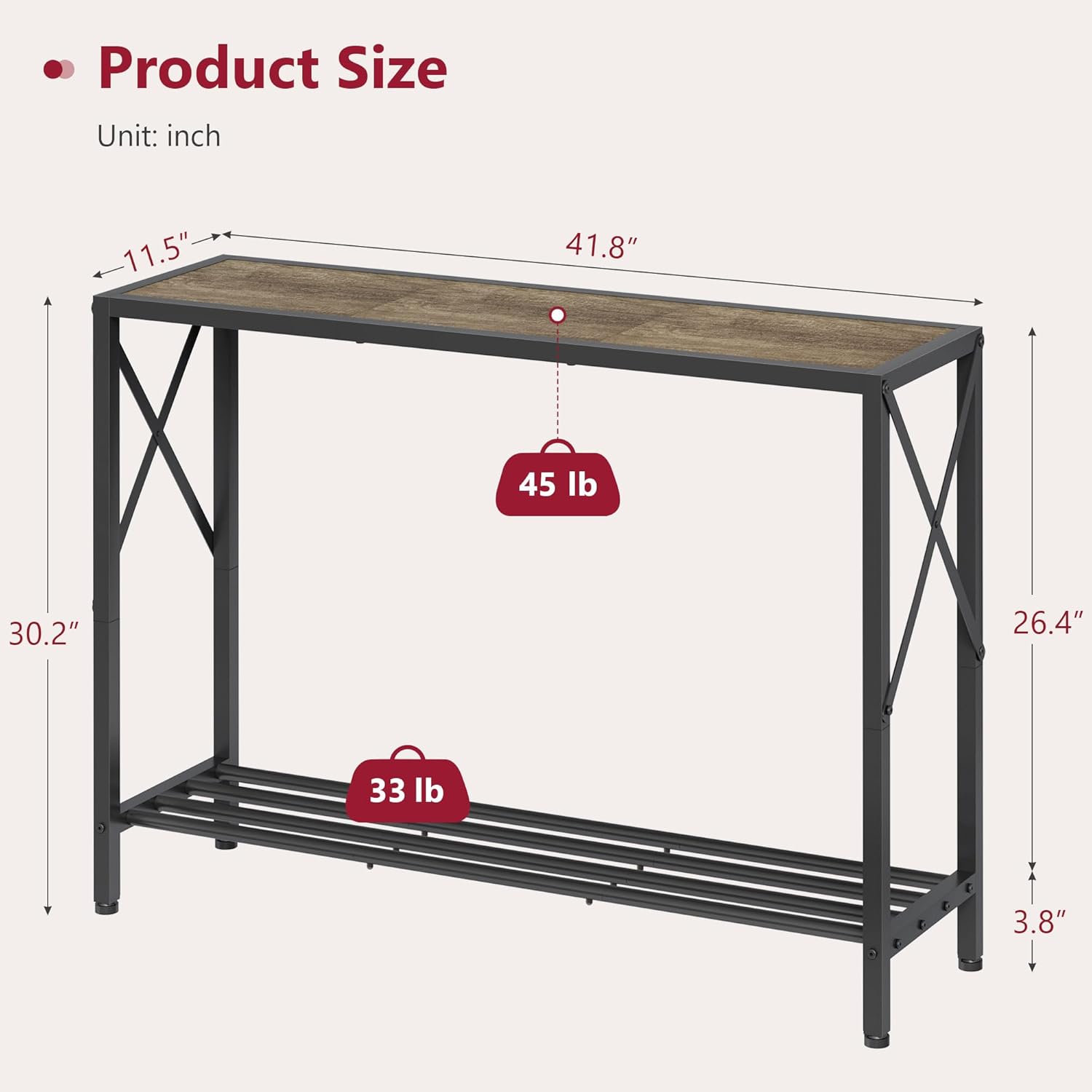 Tajsoon Console Table 41.8", 2 Tier Industrial Entryway Table with Shelves | Narrow Entrance Table for Entryway, Hallway, Grey and Black — photo 3
