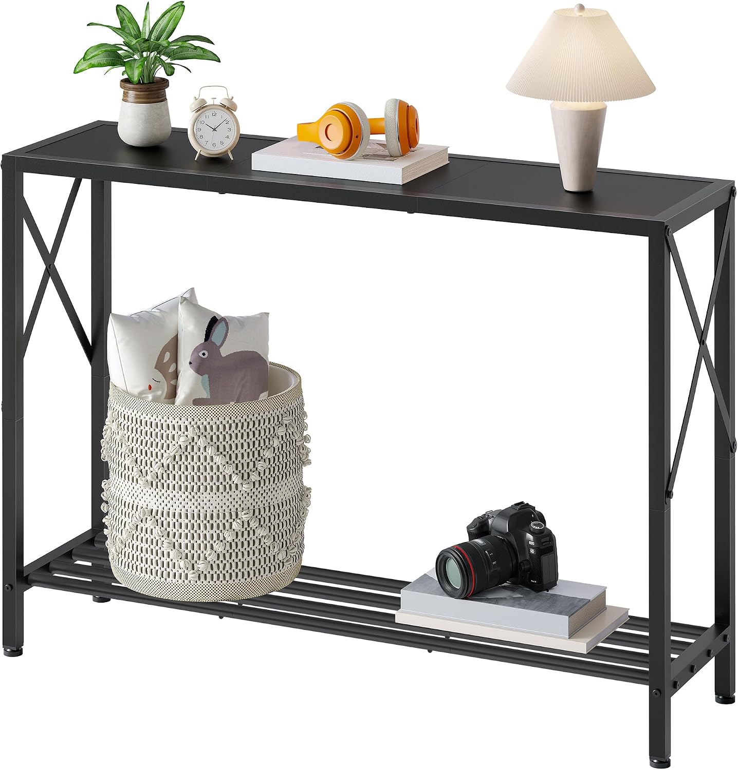 Tajsoon Console Table 41.8", 2 Tier Narrow Entryway Table with Shelves | Black Sofa Table with Stable X-Frame, Behind Couch Table for Entryway, Hallway, Black