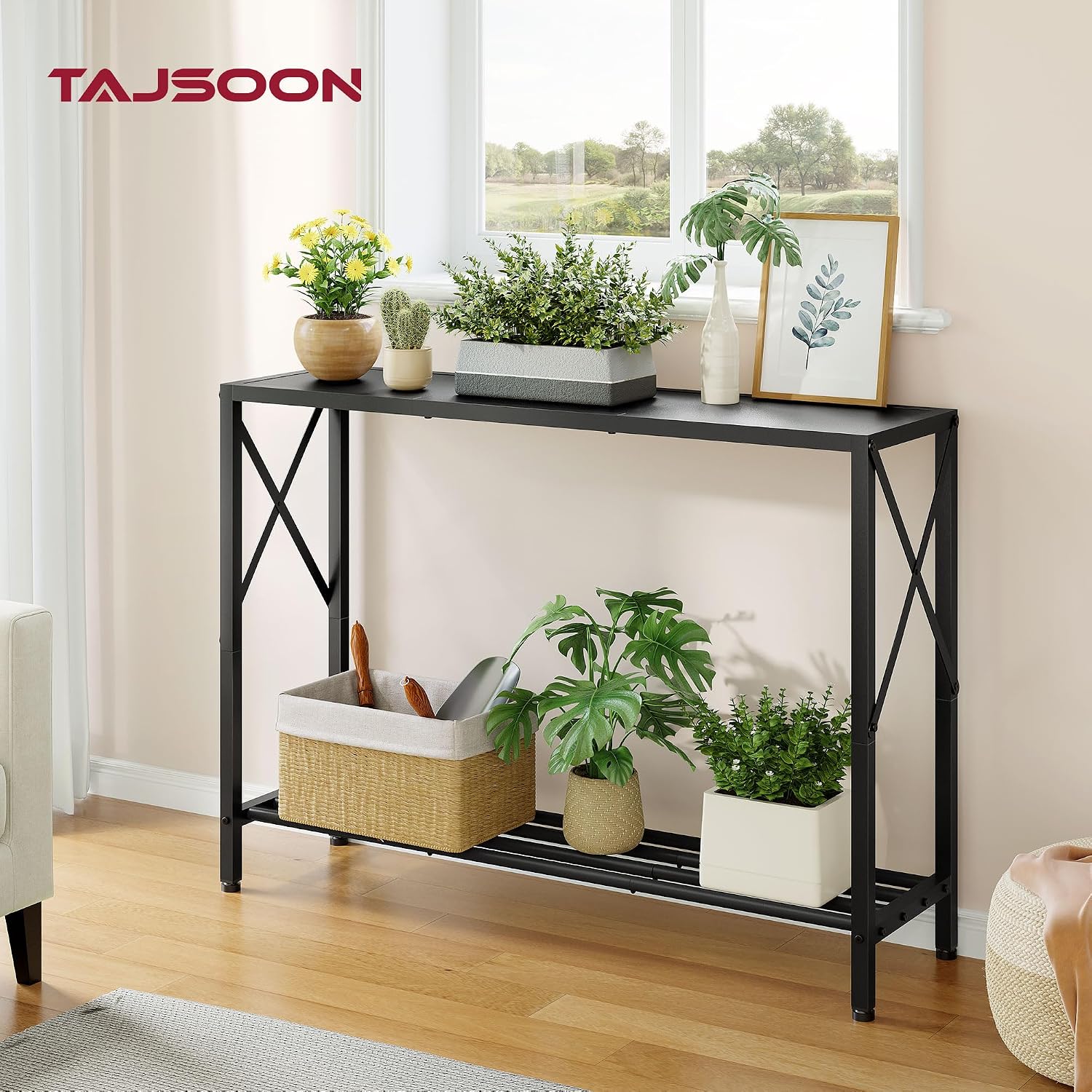 Tajsoon Console Table 41.8", 2 Tier Narrow Entryway Table with Shelves | Black Sofa Table with Stable X-Frame, Behind Couch Table for Entryway, Hallway, Black — photo 2