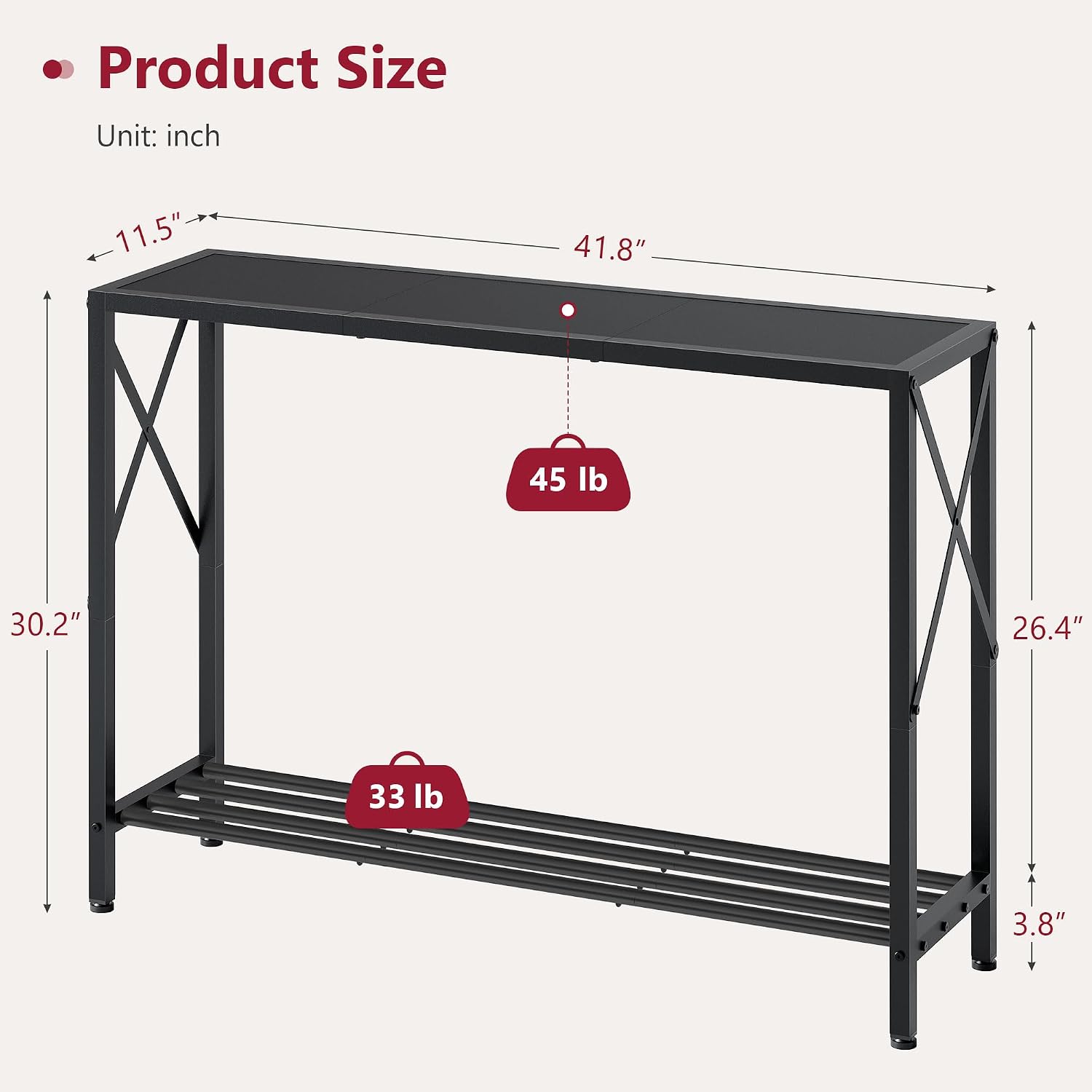 Tajsoon Console Table 41.8", 2 Tier Narrow Entryway Table with Shelves | Black Sofa Table with Stable X-Frame, Behind Couch Table for Entryway, Hallway, Black — photo 3