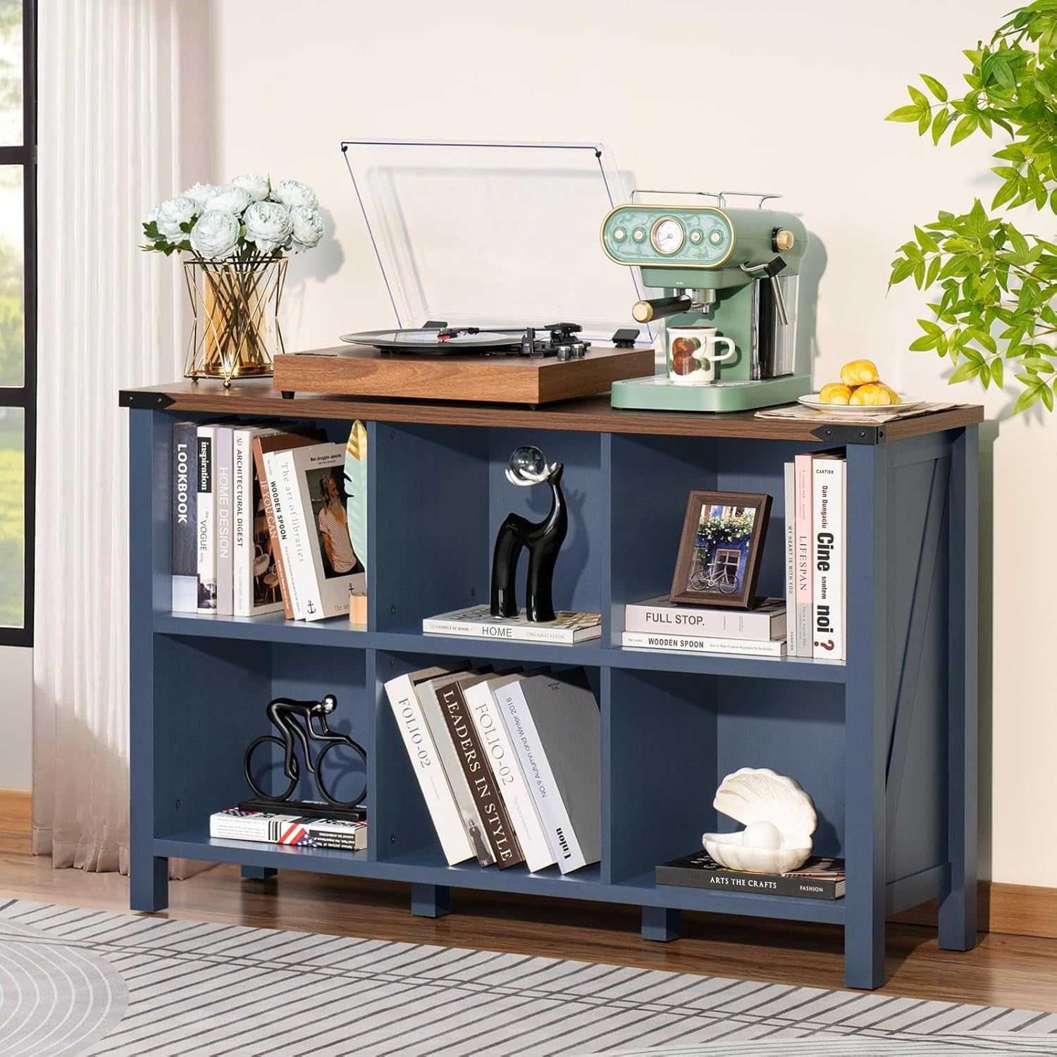 Joaxswe 6 Cube Farmhouse Console Table, Low Storage Organizer Bookshelf, 47" Horizontal Entryway Console with Open Cubes, Display Cabinet for Living Room, Navy Blue