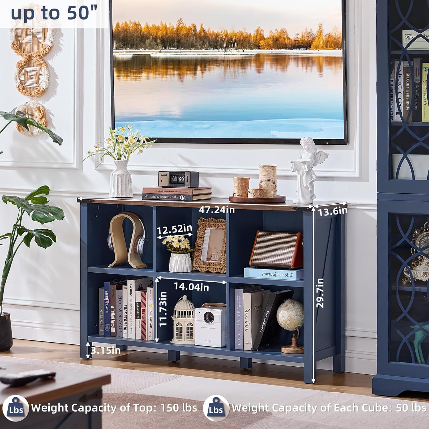 Joaxswe 6 Cube Farmhouse Console Table, Low Storage Organizer Bookshelf, 47" Horizontal Entryway Console with Open Cubes, Display Cabinet for Living Room, Navy Blue — photo 2
