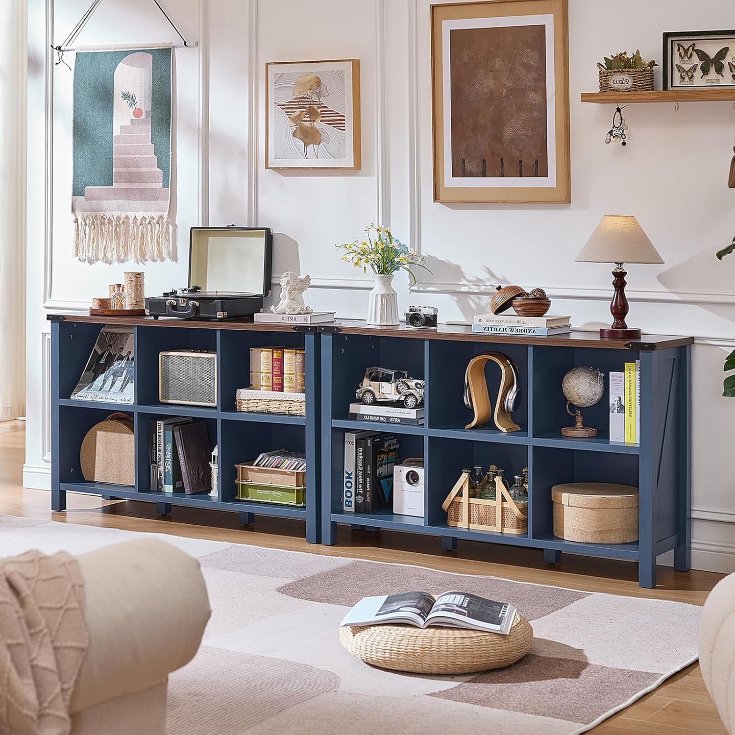 Joaxswe 6 Cube Farmhouse Console Table, Low Storage Organizer Bookshelf, 47" Horizontal Entryway Console with Open Cubes, Display Cabinet for Living Room, Navy Blue — photo 3