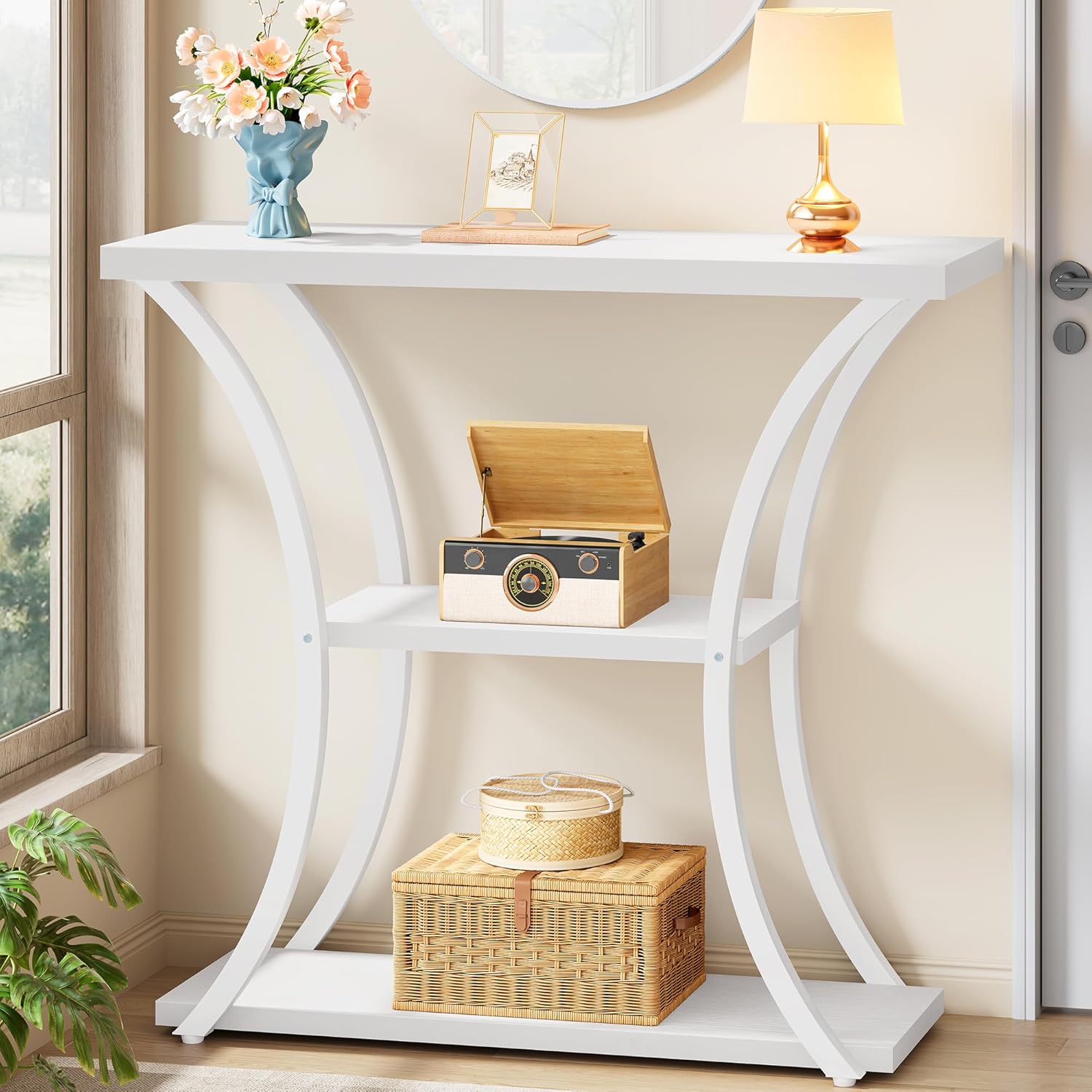 Hoctieon 3 Tier Console Table with Open Wood Shelves, Decorative Entryway Table with Curved Metal Frames, Narrow Sofa Table for Entrance, Living Room, Hallway, Rustic Brown+Black
