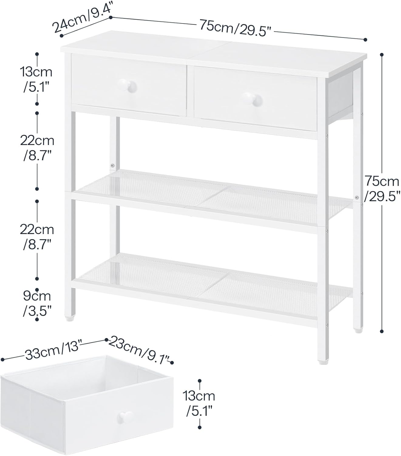 HOOBRO 29.5" Narrow Console Table with 2 Fabric Drawers, Sofa Table, Small Entryway Table with 3-Tier Storage Shelves, Behind Couch Table, for Living Room, Hallway, White WW72XG01G1 — photo 3