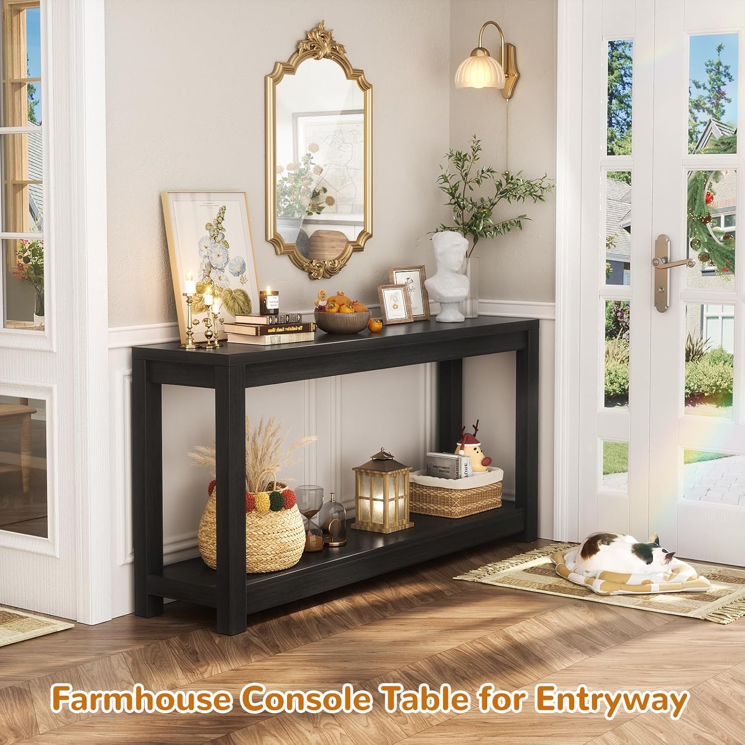 Besiost 47" Farmhouse Wood Entryway Table Narrow Console Table with Storage Behind Couch Sofa Table with Shelves for Entry Way with Open Storage, Easy Assembly, Embossed Wood Grain Black — photo 2