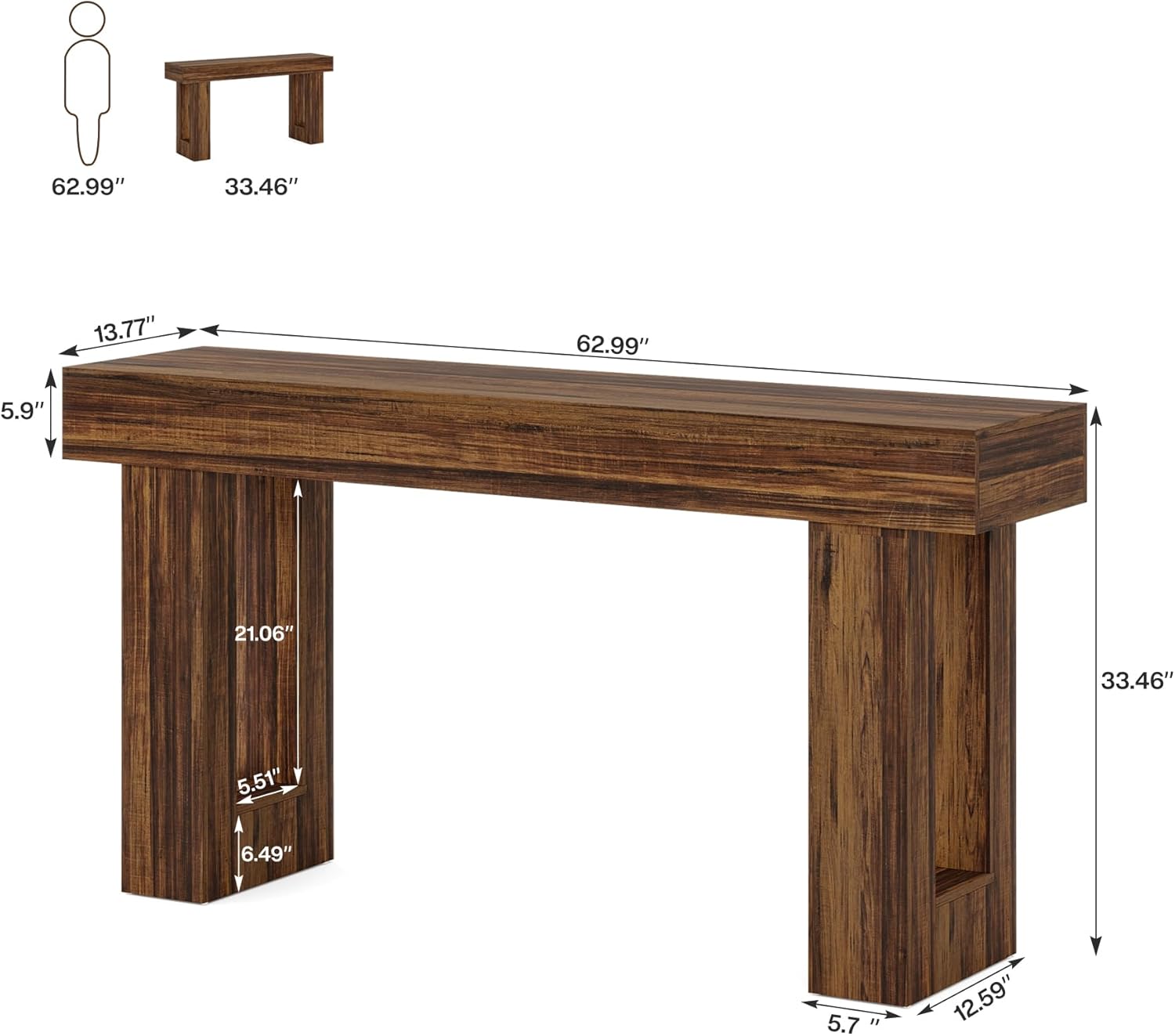 Tribesigns 63-Inch Long Console Table, MDF Wood Grain Rectangular Sofa Table Behind The Couch, Farmhouse Entryway Table for Entrance, Hallway, Living Room (Rustic Brown) — photo 2