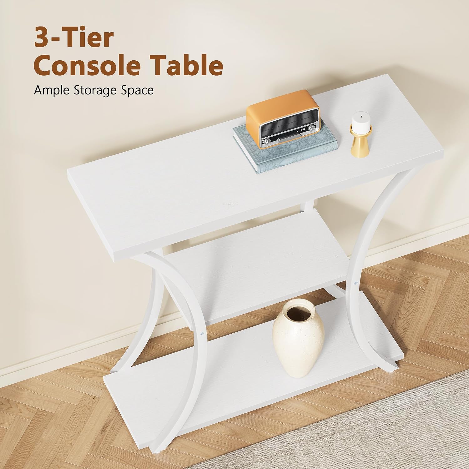 Hoctieon 3 Tier Console Table with Open Wood Shelves, Decorative Entryway Table with Curved Metal Frames, Narrow Sofa Table for Entrance, Living Room, Hallway, Gold and White Marbled — photo 3