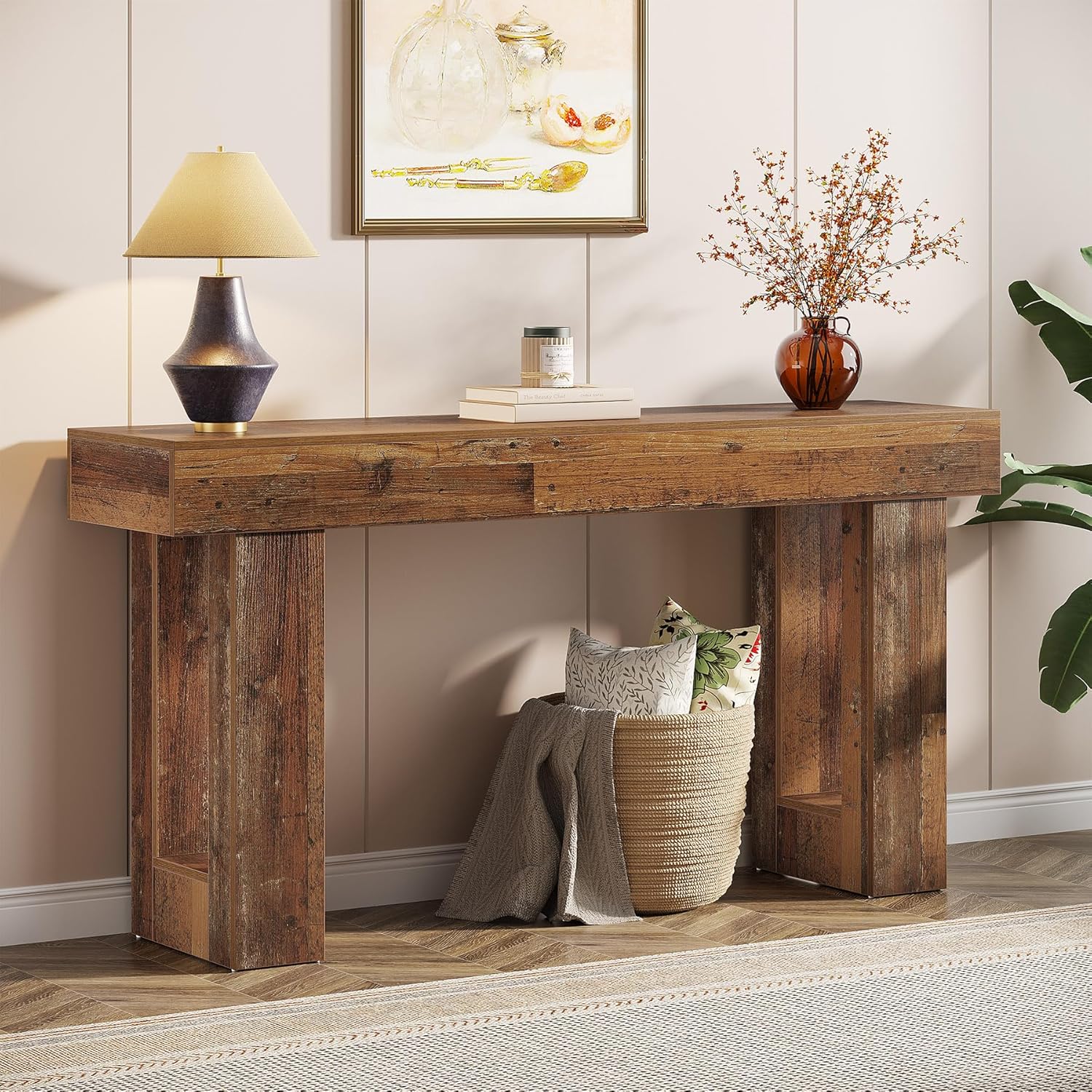 Tribesigns 63-Inch Long Console Table, Wooden Rectangular Sofa Table Behind The Couch, Farmhouse Entryway Table for Entrance, Hallway, Living Room (Distressed White)