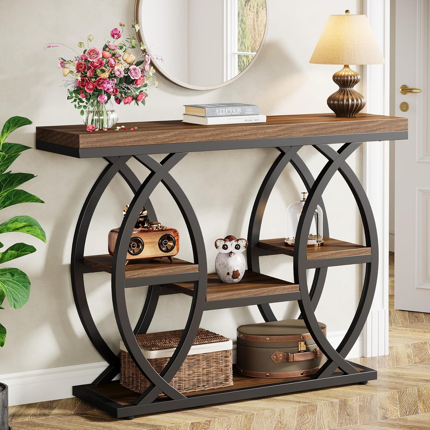 Tribesigns 39.4" Console Table, Sofa Table, Accent Tables, Rustic Brown | 4-Tier Storage Shelves, Wood Tabletop with Metal Frame, Industrial Style, For Narrow Entryway, Hallway, Behind the Couch