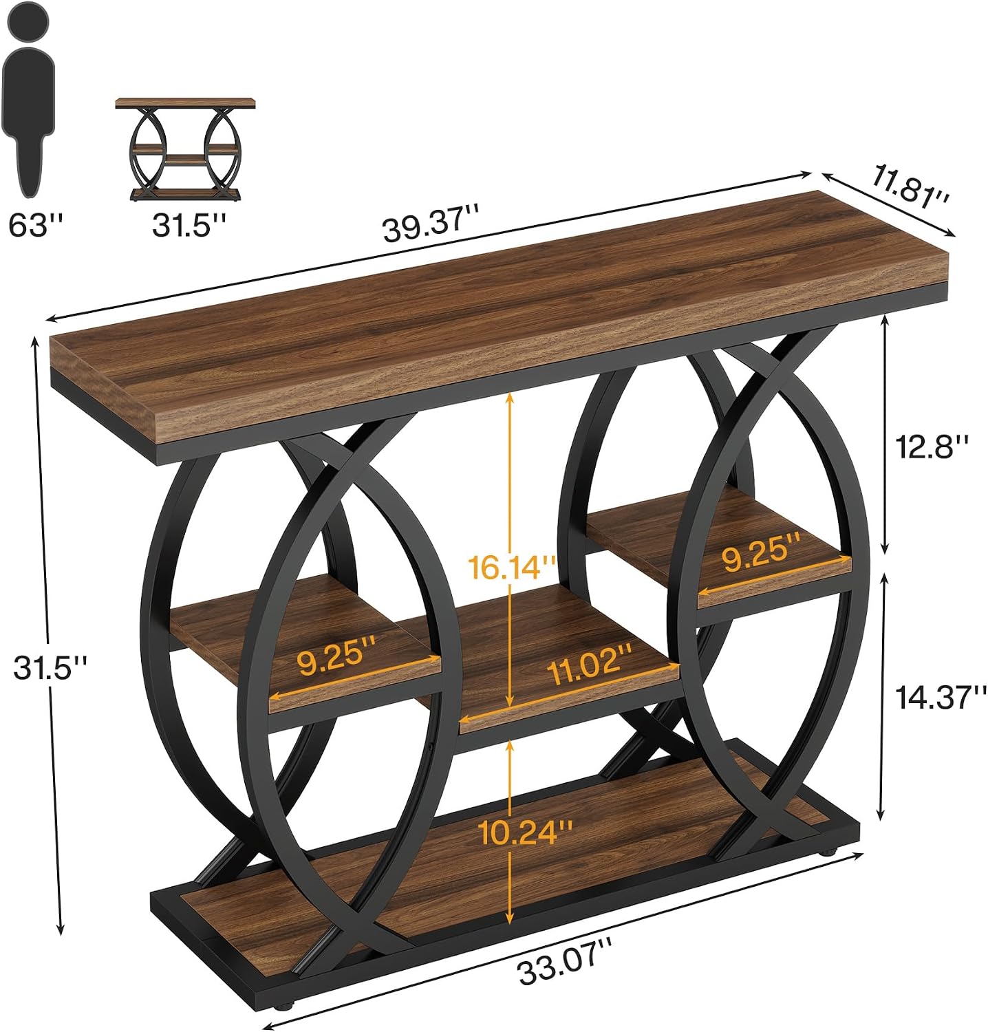 Tribesigns 39.4" Console Table, Sofa Table, Accent Tables, Rustic Brown | 4-Tier Storage Shelves, Wood Tabletop with Metal Frame, Industrial Style, For Narrow Entryway, Hallway, Behind the Couch — photo 2
