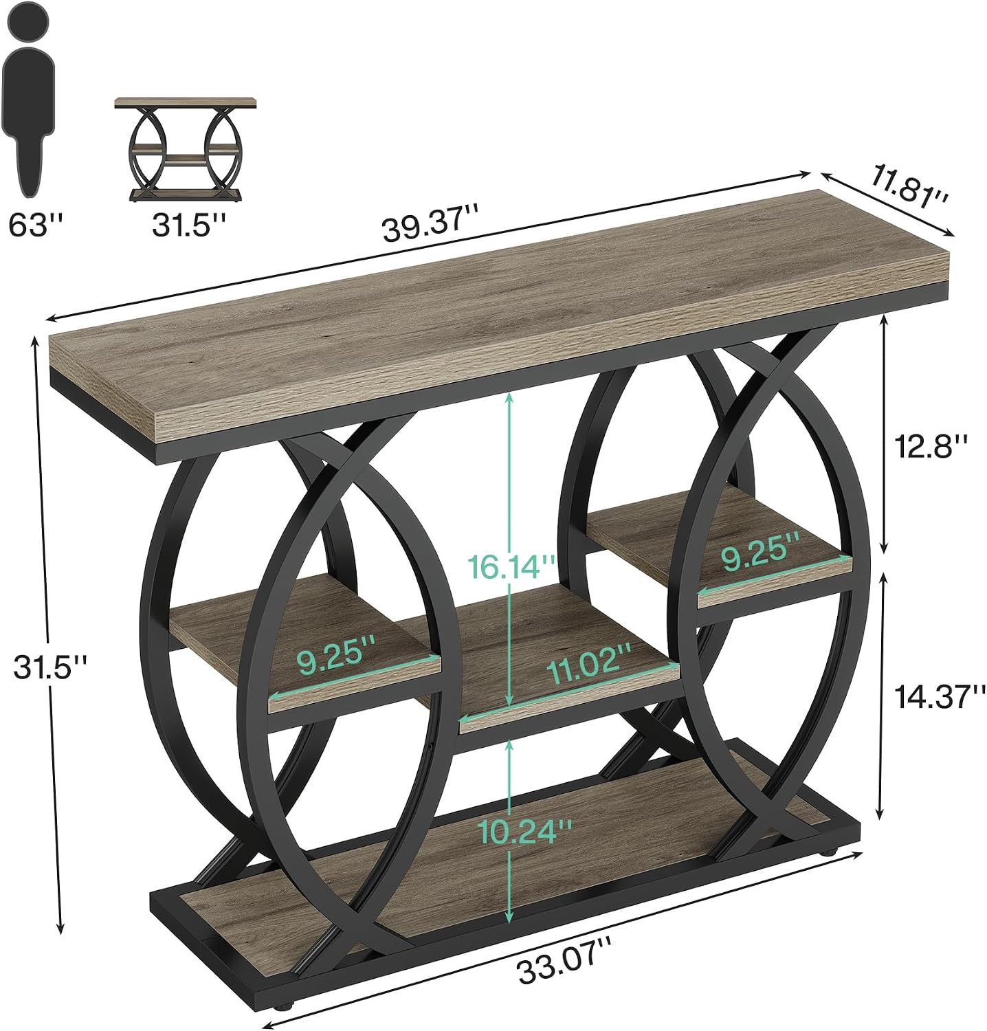 Tribesigns 39.4" Console Table, 4-Tier Sofa Table, Accent Tables, Grey | Storage Shelves, Wood Tabletop with Metal Frame, Industrial Style, For Narrow Entryway, Hallway, Behind the Couch — photo 2