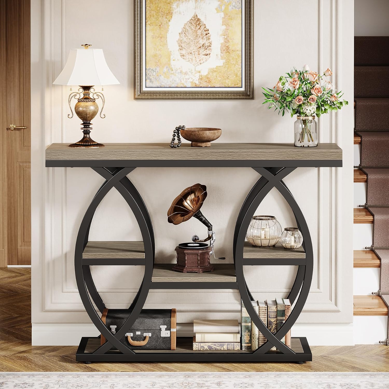 Tribesigns 39.4" Console Table, 4-Tier Sofa Table, Accent Tables, Grey | Storage Shelves, Wood Tabletop with Metal Frame, Industrial Style, For Narrow Entryway, Hallway, Behind the Couch — photo 3