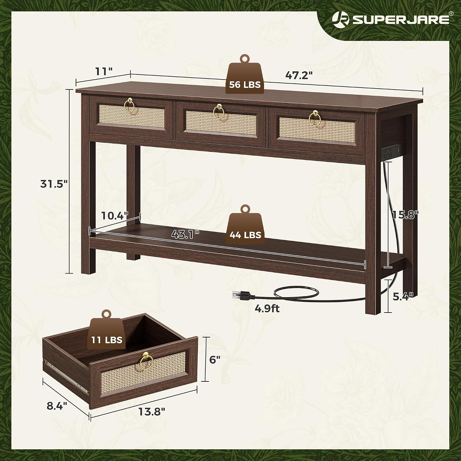 SUPERJARE Rattan Console Sofa Table with Outlets, USB-C Port and 3 Drawers | Entryway Table with Synthetic Rattan Surface, Open Shelf, Behind Couch Entry Foyer Hallway Storage, Brown — photo 2