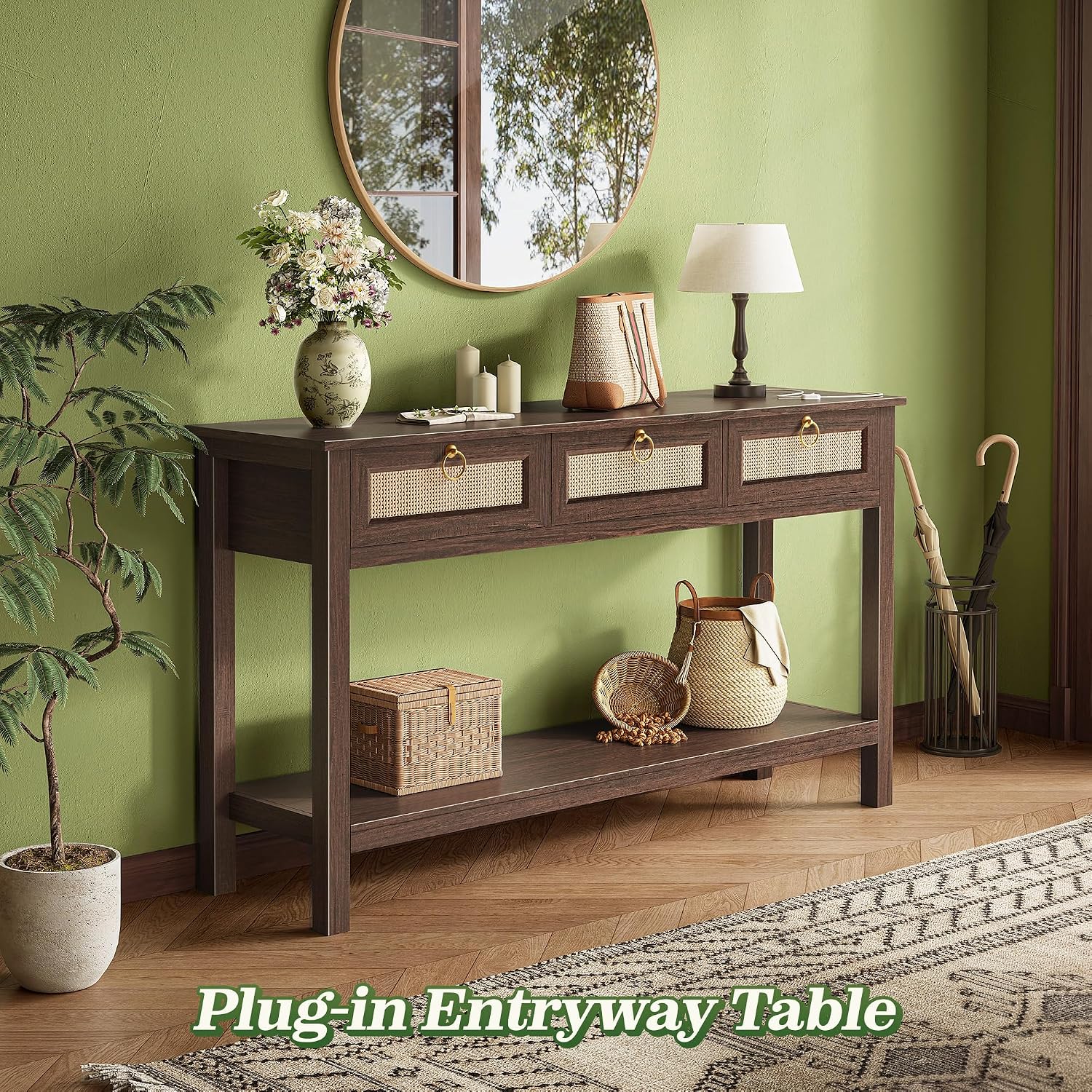 SUPERJARE Rattan Console Sofa Table with Outlets, USB-C Port and 3 Drawers | Entryway Table with Synthetic Rattan Surface, Open Shelf, Behind Couch Entry Foyer Hallway Storage, Brown — photo 3