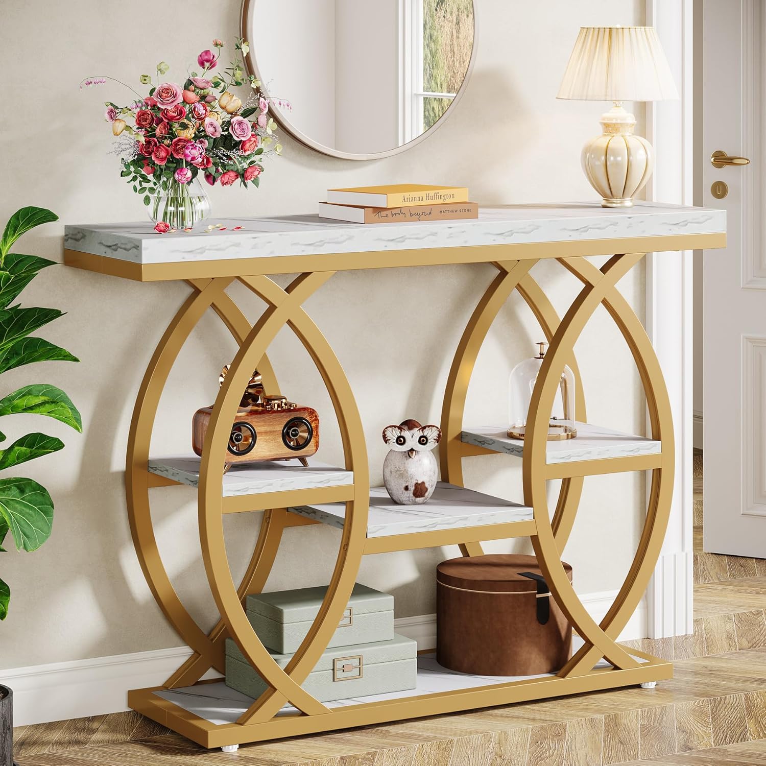 Tribesigns 39.4" Console Table, Sofa Table, Accent Tables, White Gold | 4-Tier Storage Shelves, Wood Tabletop with Metal Frame, Industrial Style, For Narrow Entryway, Hallway, Behind the Couch