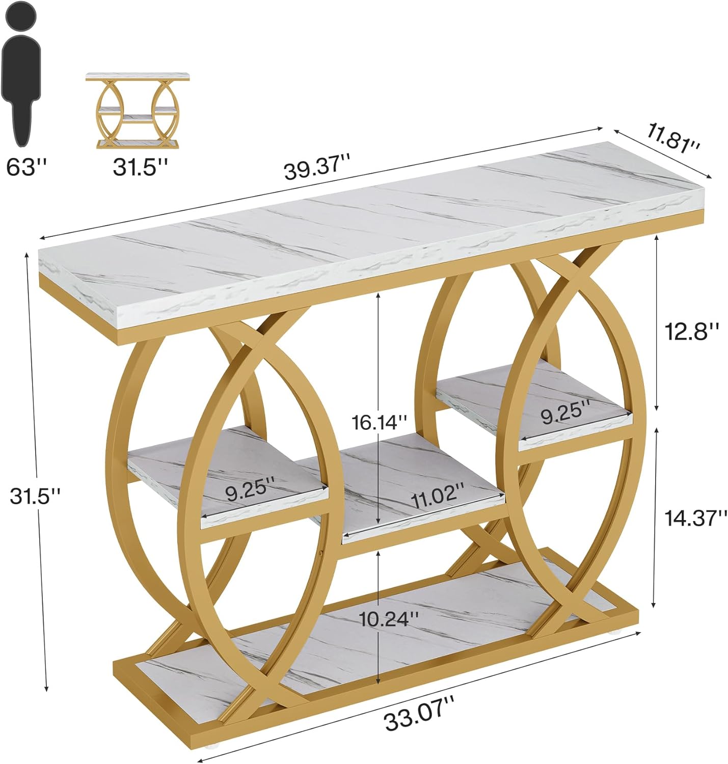 Tribesigns 39.4" Console Table, Sofa Table, Accent Tables, White Gold | 4-Tier Storage Shelves, Wood Tabletop with Metal Frame, Industrial Style, For Narrow Entryway, Hallway, Behind the Couch — photo 2