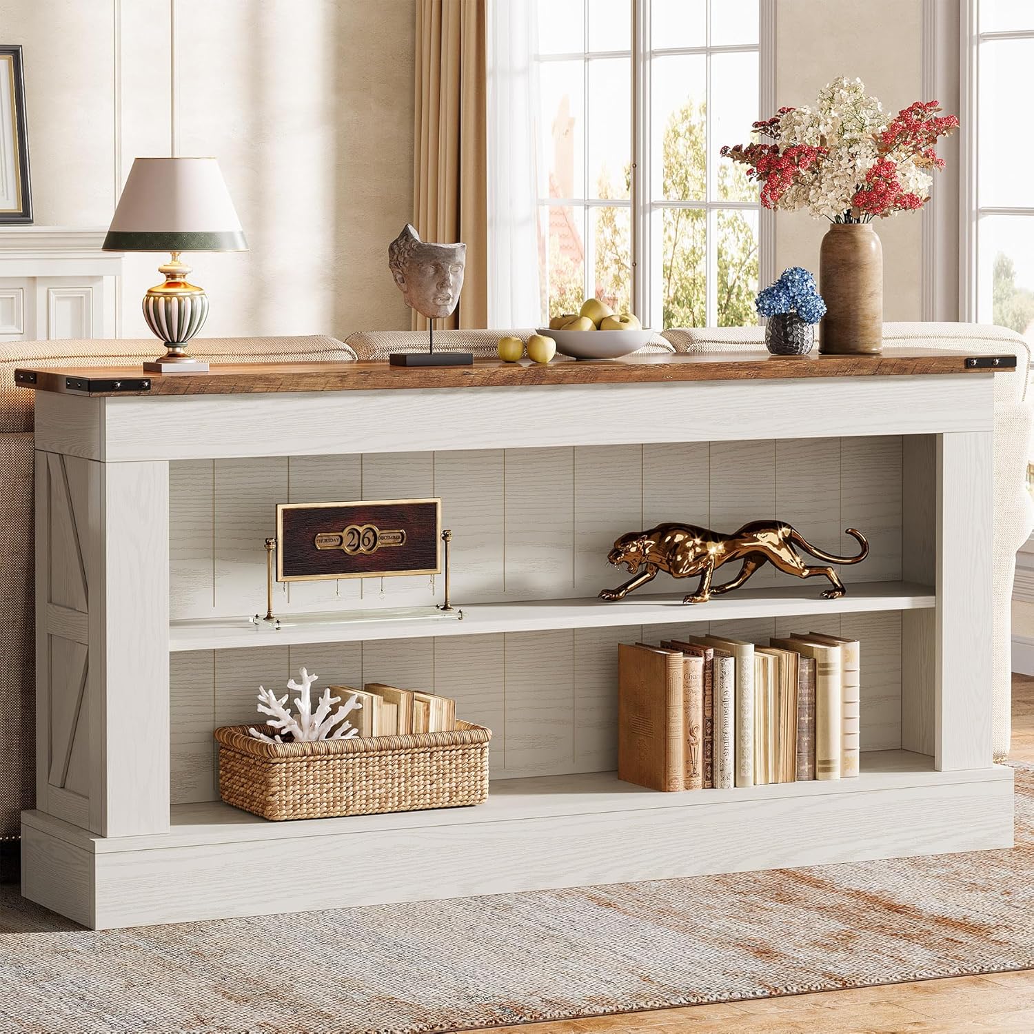 Tribesigns 63" Console Table, 3-Tier Entryway Table with Storage Shelves | Farmhouse Sofa Table, Engineered Wood, 300 lb Capacity, Long Console Table for Living Room, Foyer, Hallway, White and Brown