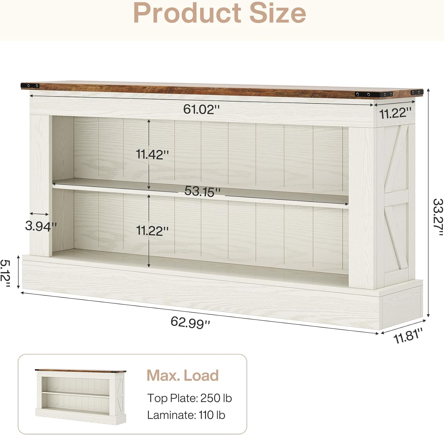 Tribesigns 63" Console Table, 3-Tier Entryway Table with Storage Shelves | Farmhouse Sofa Table, Engineered Wood, 300 lb Capacity, Long Console Table for Living Room, Foyer, Hallway, White and Brown — photo 2
