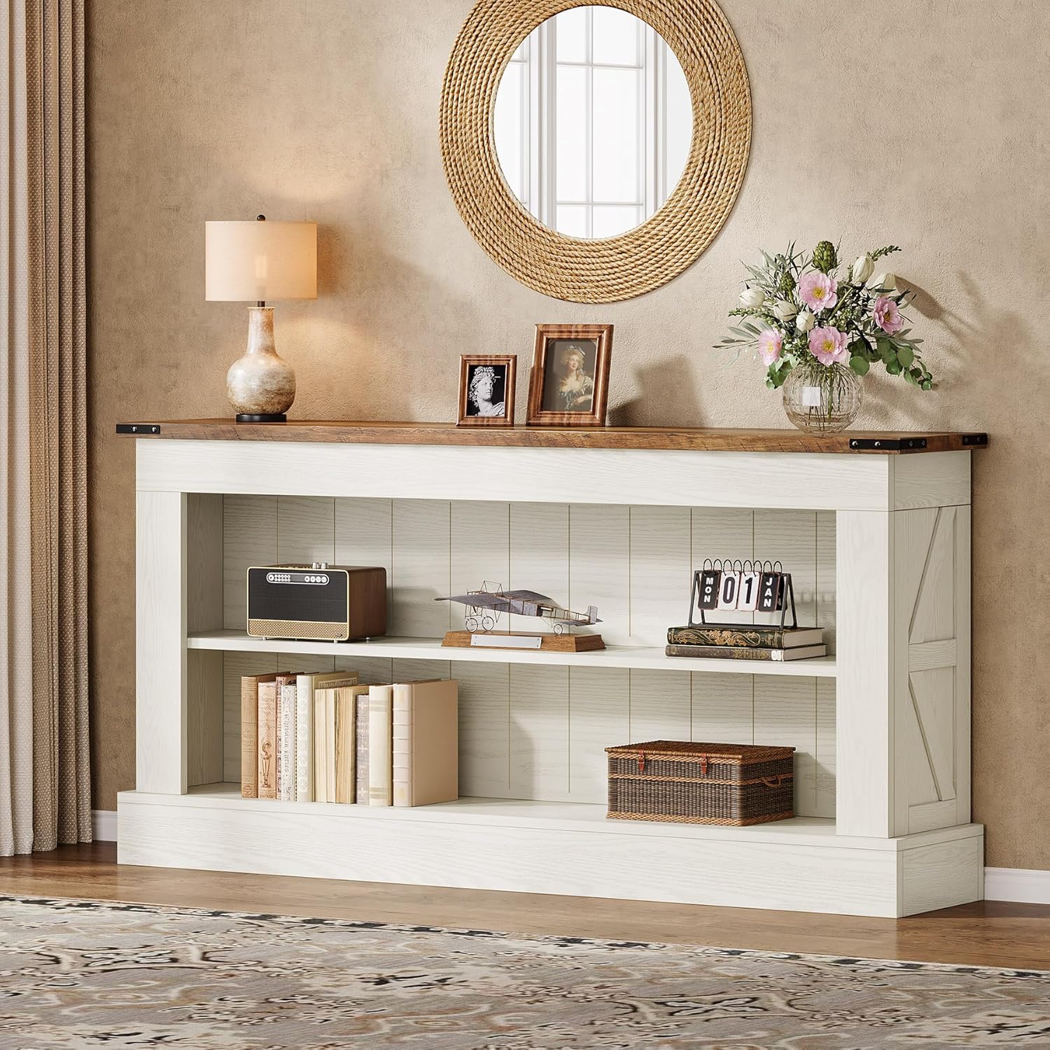 Tribesigns 63" Console Table, 3-Tier Entryway Table with Storage Shelves | Farmhouse Sofa Table, Engineered Wood, 300 lb Capacity, Long Console Table for Living Room, Foyer, Hallway, White and Brown — photo 3