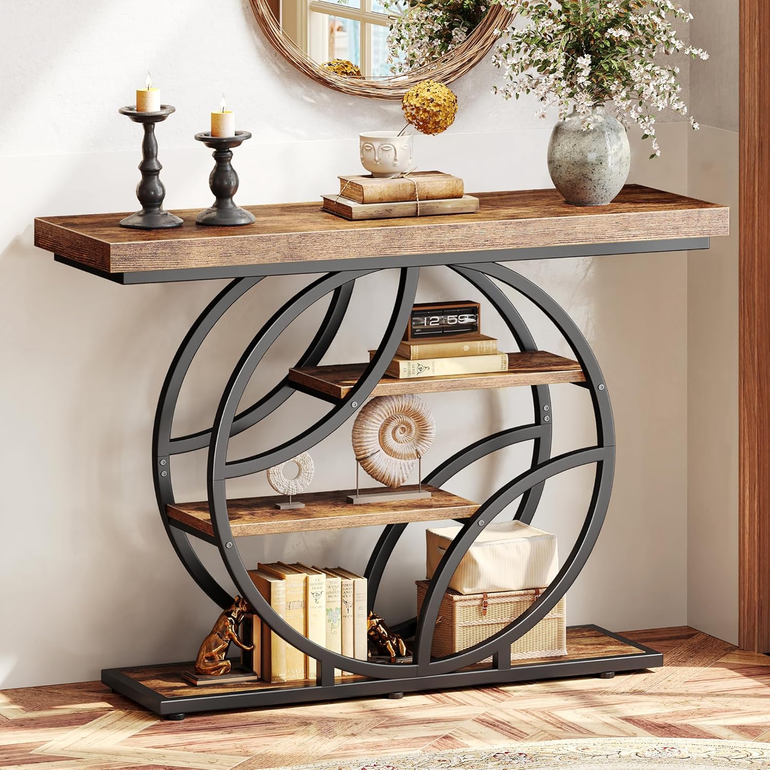 Huuger 41.3 Inch Entryway Table with Artistic Curved Metal Frame,Sofa Table | Modern Console Tables, Entrance Table for Entryway, Hallway, Entrance, Foyer, Living Room, O-Shaped Metal Frame, Rustic Br