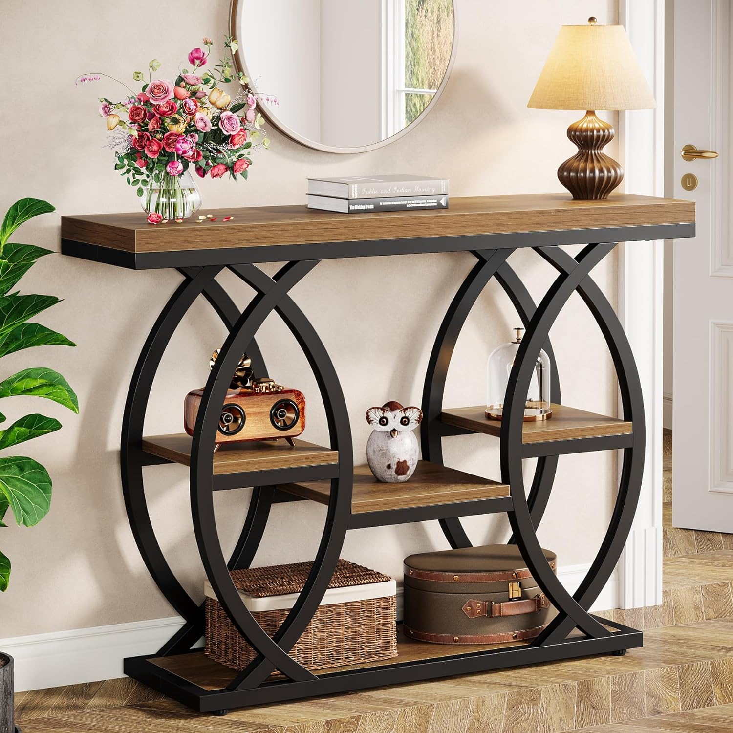 Tribesigns 39.4" Console Table, 4-Tier Sofa Table, Accent Tables, Brown | Storage Shelves, Wood Tabletop with Metal Frame, Industrial Style, For Narrow Entryway, Hallway, Behind the Couch