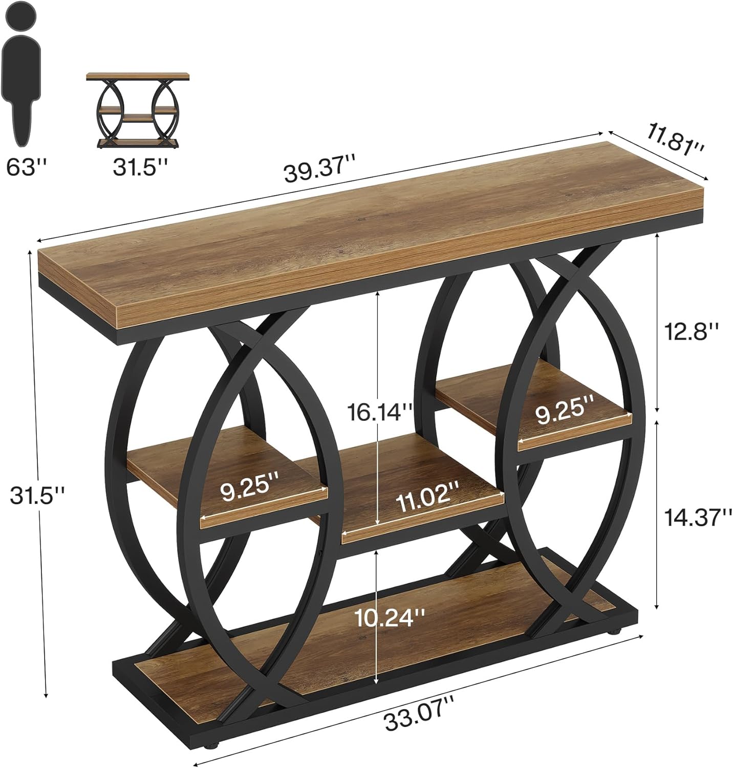 Tribesigns 39.4" Console Table, 4-Tier Sofa Table, Accent Tables, Brown | Storage Shelves, Wood Tabletop with Metal Frame, Industrial Style, For Narrow Entryway, Hallway, Behind the Couch — photo 2