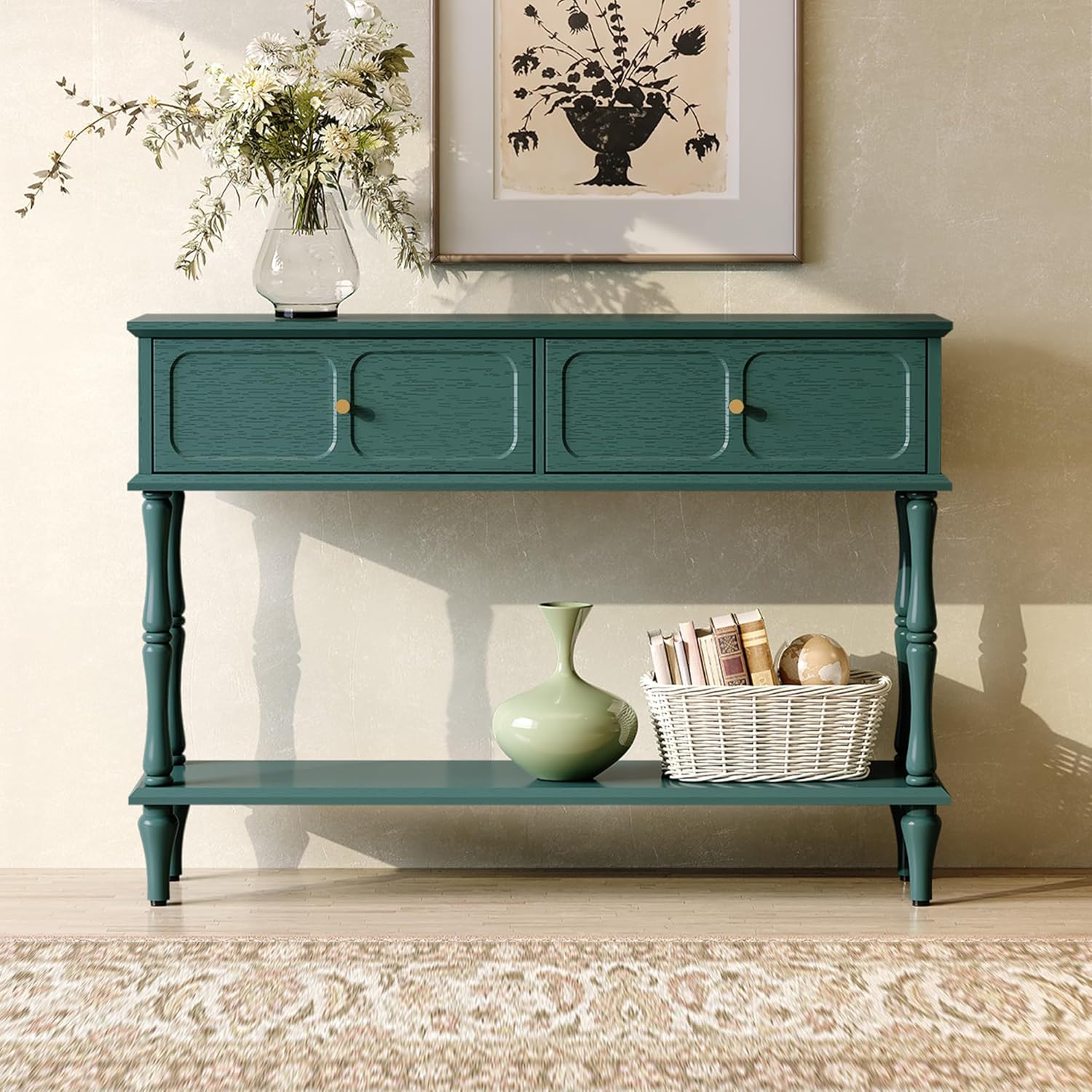 ARTPOWER 47" Mid-Century Console Table, 2 Drawers and Open Shelf, Green | Entryway Table with Storage, Narrow Behind Couch Table for Living Room, Foyer, Hallway
